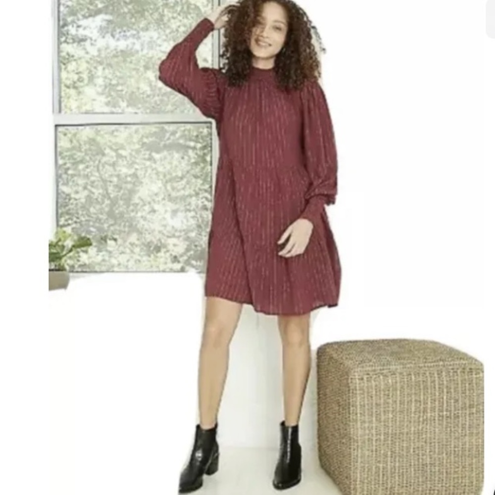Knox‎ Rose Burgundy Metallic Gold Striped Bishop Long Sleeve Tired Dress NWT M